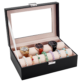 PU Leather Watch Organizer Display Cases, with Visible Window Lid and Velvet Inside, Rectangle