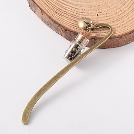 Tibetan Style Alloy Bookmarks, with Glass Bottle Pendants and Brass Spacer Beads Inside, 85x13x1.2mm