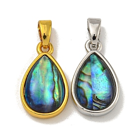 Rack Plating Brass Pave Natural Paua Shell Pendants, Teardrop Charms