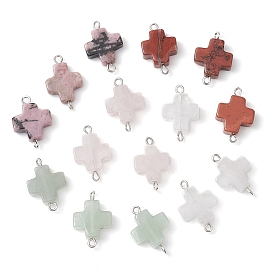 Natural Mixed Gemstone Cross Connector Charms, with Platinum Tone Iron Double Loops