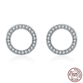 925 Sterling Silver Stud Earrings, with Cubic Zirconia, with 925 Stamp, Flat Round, Antique Silver Plated