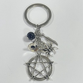 Llavero de aleación y vidrio, estrella de David y araña, con 304 anillos de acero inoxidable