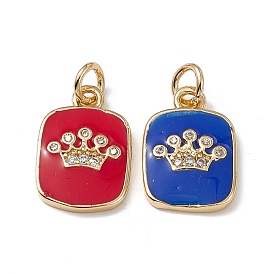 Brass Micro Pave Cubic Zirconia Enamel Pendants, with Jump Ring, Real 18K Gold Plated, Rectangle with Crown Pattern Charm