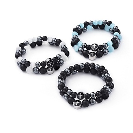 Couple Stretch Bracelets, with Cat Eye, Natural Agate, Non-Magnetic Synthetic Hematite and 304 Stainless Steel Enamel Beads, with Burlap Bags