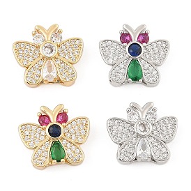 Brass Micro Pave Cubic Zirconia Slide Charms, Long-Lasting Plated, Butterfly