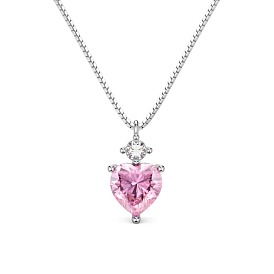 Rhodium Plated 925 Sterling Silver Pave Clear & Pink Cubic Zirconia Box Chain Heart Pendant Necklaces for Women