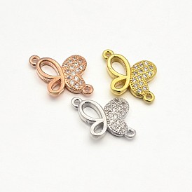 CZ Brass Micro Pave AAA Cubic Zirconia Butterfly Links, Lead Free & Nickel Free & Cadmium Free, 10x13x2mm, Hole: 1mm