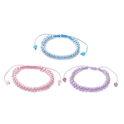 3Pcs 3 Colors Round Glass Seed Braided Bead Bracelets, Adjustable Nylon Cord Bracelets for Women
