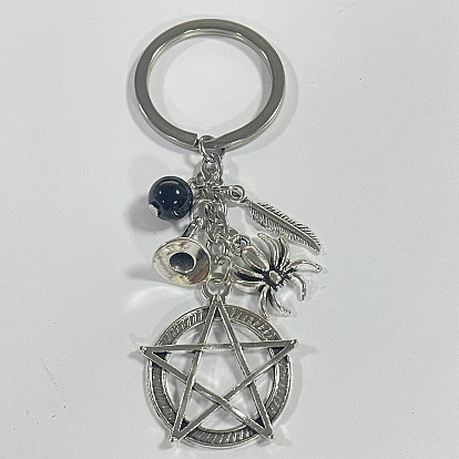 Llavero de aleación y vidrio, estrella de David y araña, con 304 anillos de acero inoxidable