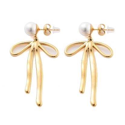 304 Stainless Steel ABS pearl Earrings, Bowknot
