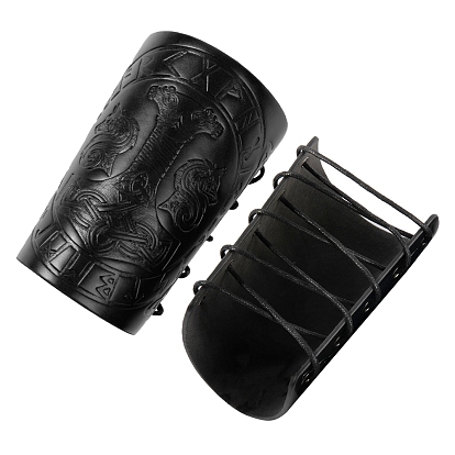 Hammer Pattern Rectangle Imitation Leather Cuff Cord Bracelet, Adjustable Gauntlet Wristband Arm Guard for Men Women