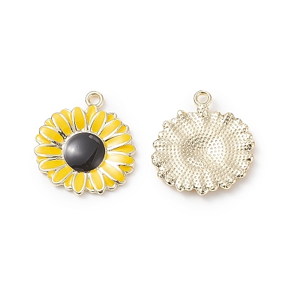 Colgantes de la aleación, con esmalte, Flor de margarita, la luz de oro, negro, 28.5x26x2.5 mm, agujero: 2.5 mm