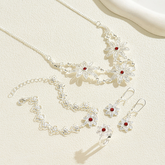 Комплекты из сплава цветочных браслетов, серег, ожерелий и колец для женщин