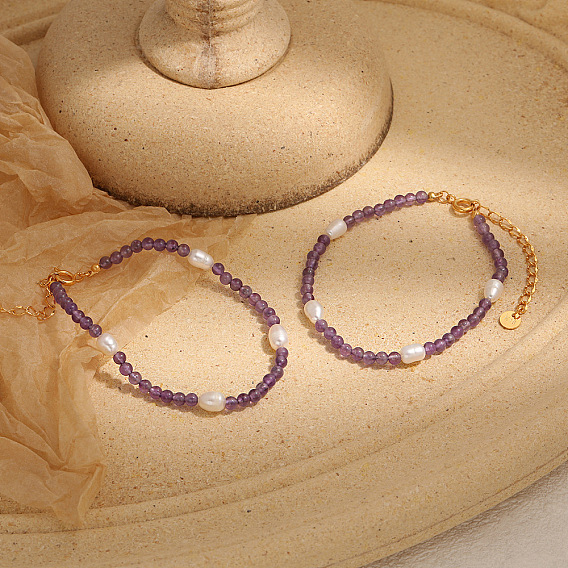 Браслеты из круглых бусин из натурального аметиста для женщин, украшения из нержавеющей стали для женщин, с клеймом k18 и имитацией жемчуга