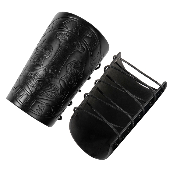Hammer Pattern Rectangle Imitation Leather Cuff Cord Bracelet, Adjustable Gauntlet Wristband Arm Guard for Men Women