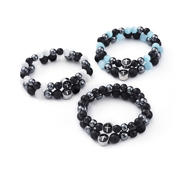 Couple Stretch Bracelets, with Cat Eye, Natural Agate, Non-Magnetic Synthetic Hematite and 304 Stainless Steel Enamel Beads, with Burlap Bags