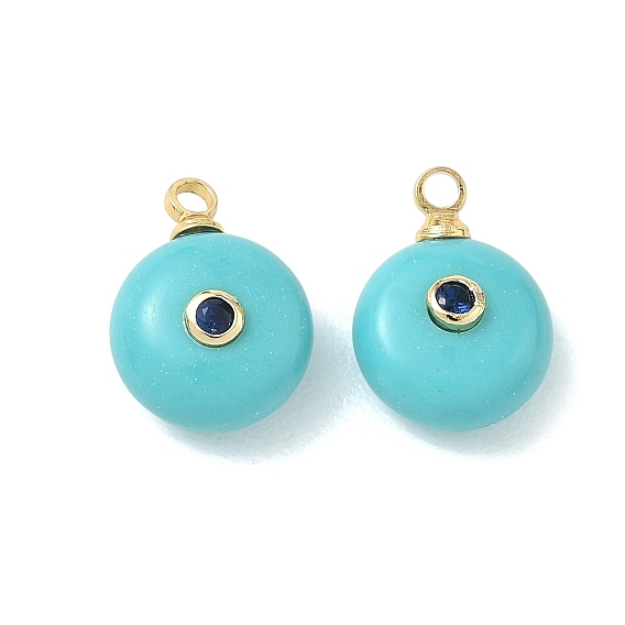 Synthetic Turquoise Pendants, Coin Charms with Brass Micro Pave Cubic Zirconia Findings, Rack Plating, Long-Lasting Plated, Lead Free & Cadmium Free, Cyan