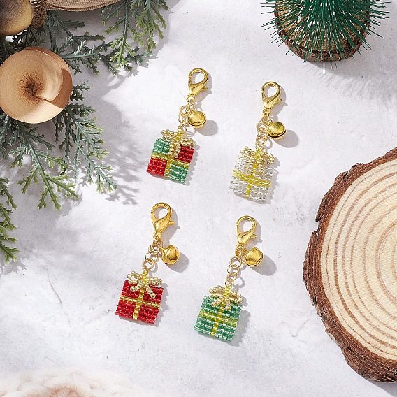 4Pcs Christmas Gift Handmade Glass Seed Beads Pendant Decoraitons, with Iron Bell Charms and Alloy Lobster Claw Clasps, Golden