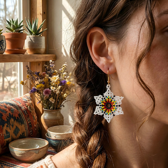 Богемные серьги-подвески ручной работы из стеклянного бисера., цветок