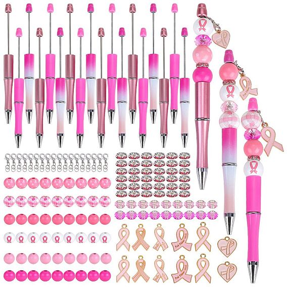 Набор для изготовления ручек из бисера на тему осведомленности о раке молочной железы своими руками, включая подвеску из эмалевой ленты из сплава, деревянные и стеклянные европейские бусины, шариковая ручка из абс-пластика