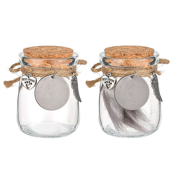 2шт 2 стили прозрачные стеклянные пустые бутылки с подвесками из сплава перьев, для хранения шерсти домашних животных, бутылка, старинное серебро и платина