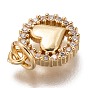 Brass Micro Pave Clear Cubic Zirconia Charms, Long-Lasting Plated, with Jump Ring, Flat Round with Heart