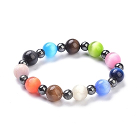 Cat Eye Beads Stretch Bracelets, with Synthetic Non-magnetic Hematite