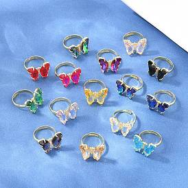 Brass Micro Pave Cubic Zirconia Finger Rings, with Glass, Butterfly, Lead Free & Cadmium Free, Long-Lasting Plated, Rack Plating, Real 18K Gold Plated