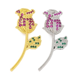 French Style Brass Micro Pave Cubic Zirconia Pendants, Rose with Ginkgo Leaf