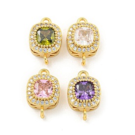 Brass Pave Cubic Zirconia Connector Charms, Real 18K Gold Plated, Square Links