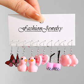 Whimsical 5-Piece Set of Butterfly, Cloud, Duckling & Mushroom Earrings with Purple Plaid Heart Pendant