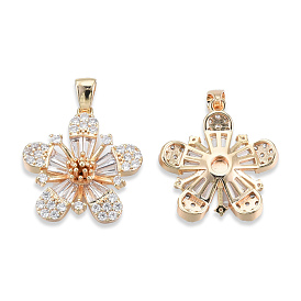 Brass Pave Clear Cubic Zirconia Pendants, with Brass Snap on Bails, Cadmium Free & Nickel Free & Lead Free, Flower