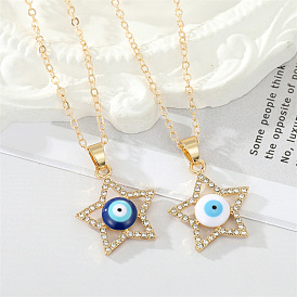 Blue Eye Necklace with Diamond, Hollow Star and Evil Eye Pendant on Delicate Collarbone Chain