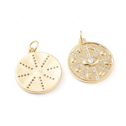 Brass Micro Pave Clear Cubic Zirconia Pendants, with Jump Rings, Long-Lasting Plated, Flat Round, Real 18K Gold Plated