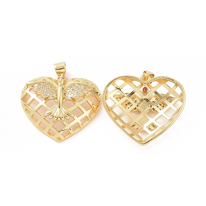 Brass Micro Pave Cubic Zirconia Pendants, Hollow Heart with Bird Charm
