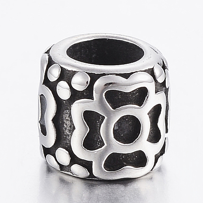 304 Stainless Steel European Beads, Large Hole Beads, Column with Flower