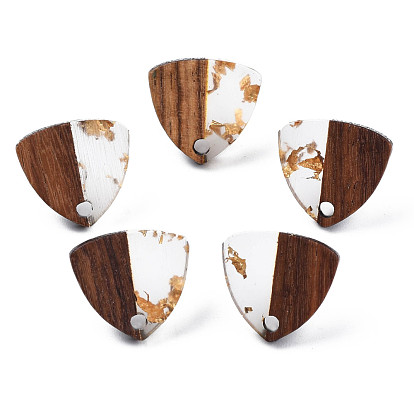 Transparent Resin & Walnut Wood Stud Earring Findings with Gold Foil, with 304 Stainless Steel Pin and Hole, Two Tone, Triangle