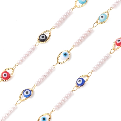 304 Stainless Steel Resin Evil Eye Link Chains with ABS Imitation Pearl Beads, Unwelded, with Spool, Teardrop