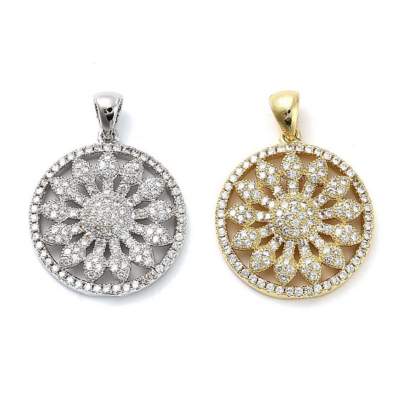 Латунные микро проложить кубического циркония подвески, плоские круглые с цветком, стойки покрытие, долговечный, без свинца и без кадмия