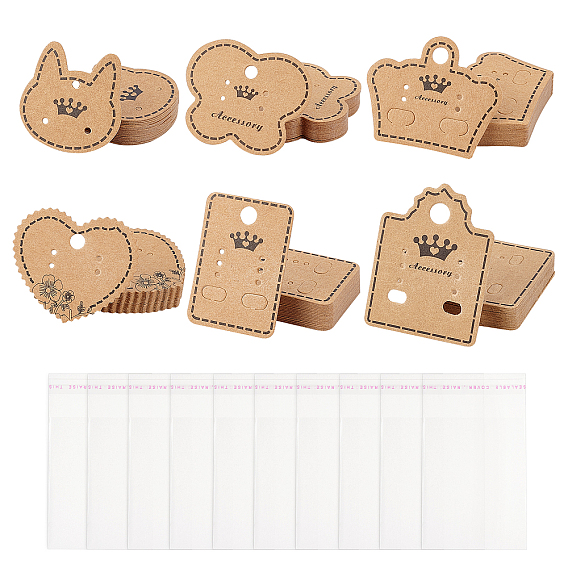 120Pcs 6 Styles Kraft Paper Earring Display Cards, Mixed Shape, with 120Pcs OPP Cellophane Bags