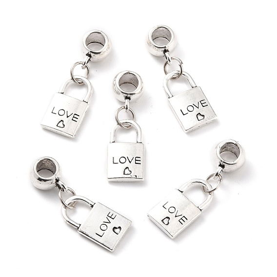 Alloy European Dangle Charms, Large Hole Beads, Lock with Word Love