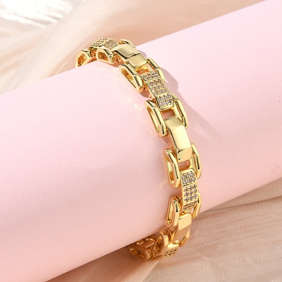 Браслет из прямоугольных звеньев цепи с прозрачным кубическим цирконием, украшения из латуни для женщин, без кадмия и без свинца, долговечный, стойки покрытие