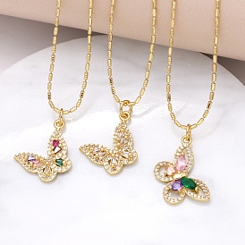 Brass Micro Pave Cubic Zirconia Pendant Necklaces, Butterfly, Golden