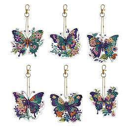 6Pcs Butterfly DIY Diamond Painting Keychain Kit, Including Resin Rhinestones Bag, Diamond Sticky Pen, Tray Plate and Glue Clay