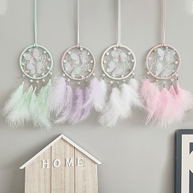 Cotton Woven Net/Web with Feather Hanging Decorations, Braided Beads Butterfly Hanging Ornaments for Home Office Decoration