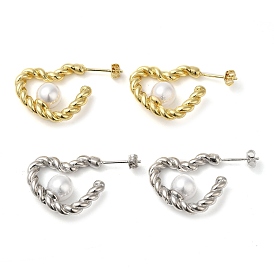 Rack Plating Brass Heart Stud Earrings, Half Hoop Earrings with Plastic Imitation Pearl Beads, Cadmium Free & Lead Free, Long-Lasting Plated