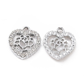 Alloy Rhinestone Charms, Platinum Tone Heart with Flower