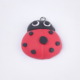 Handmade Polymer Clay Pendants, with Iron Findings, Ladybug, Platinum