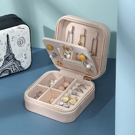 Boîte à bijoux à glissière en cuir pu, étui à bijoux miroir portable de voyage, pour les colliers, Anneaux, boucles d'oreilles et pendentifs, carrée