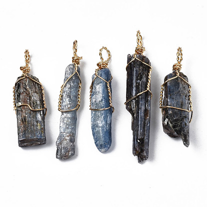 Natural Kyanite Gemstone Big Pendants, with Rack Plating Light Gold Tone Brass Wires Wrapped, Nuggets